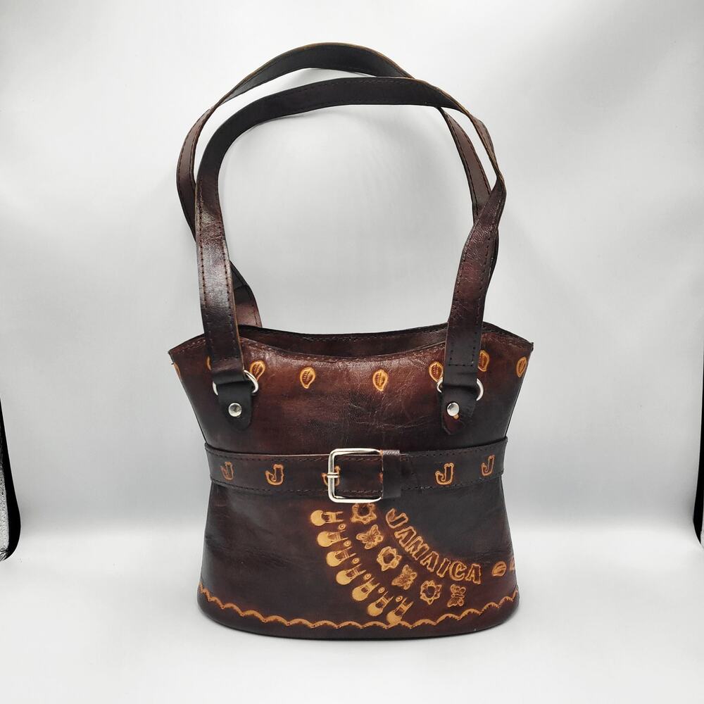 Vintage "JAMAICA" Brown Leather Embossed Detail Decorative Stitching Handbag